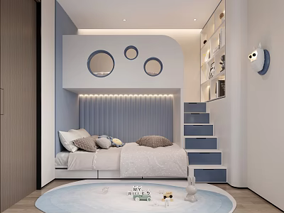 Modern Kids Room Interior With Staircase Bed Circular Windows Bookshelves And Round Rug 3d model