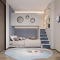 Modern Kids Room Interior With Staircase Bed Circular Windows Bookshelves And Round Rug