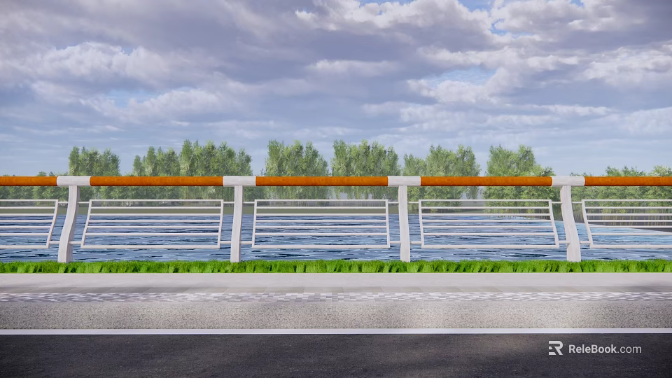 Roadside Railing Fence Along Waterfront With Green Grass Trees And Cloudy Sky 3d model 