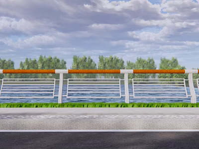 Roadside Railing Fence Along Waterfront With Green Grass Trees And Cloudy Sky 3d model