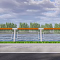 Roadside Railing Fence Along Waterfront With Green Grass Trees And Cloudy Sky