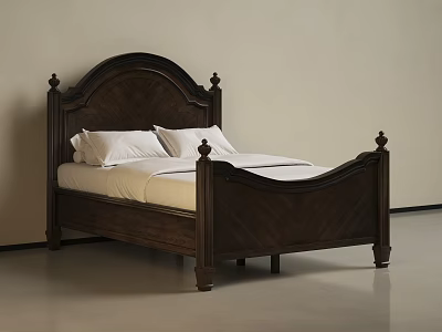 Elegant Dark Wooden Double Bed With Carved Headboard Footboard And White Pillows 3d model