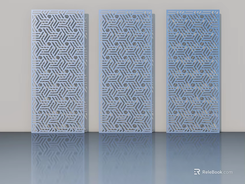 Three Light Blue Hinged Doors With Intricate Hexagonal Geometric Patterns And Smooth Surface Reflection 3d model