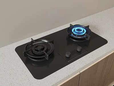 Modern Black Gas Hob With Two Burners Blue Flame And Control Knobs On Kitchen Counter 3d model