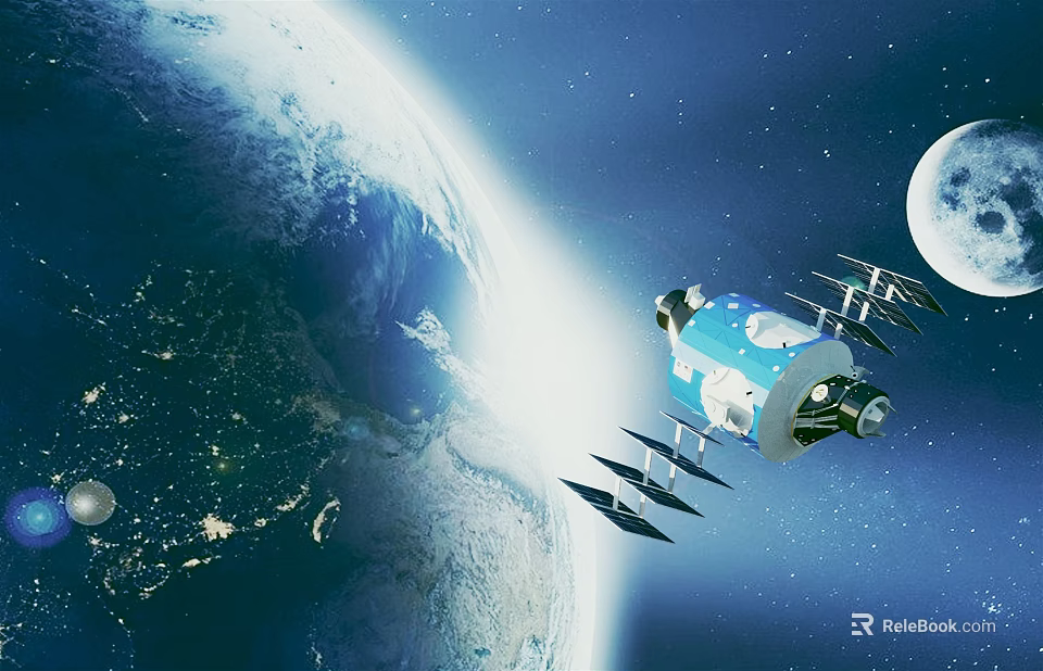Cartoon Space Scene With Earth Moon Blue Spaceship And Stars 3d model 