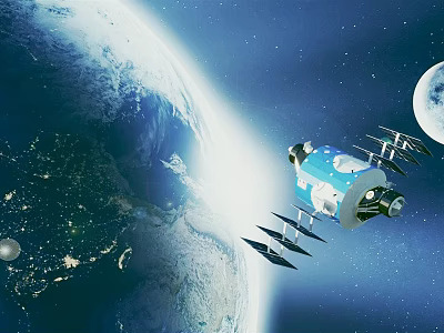 Cartoon Space Scene With Earth Moon Blue Spaceship And Stars 3d model