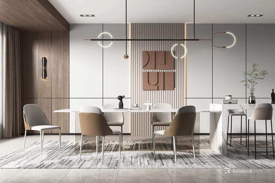 Modern Restaurant Interior With Dining Table Chairs Hanging Lights Decorative Painting And Green Plant 3d model 