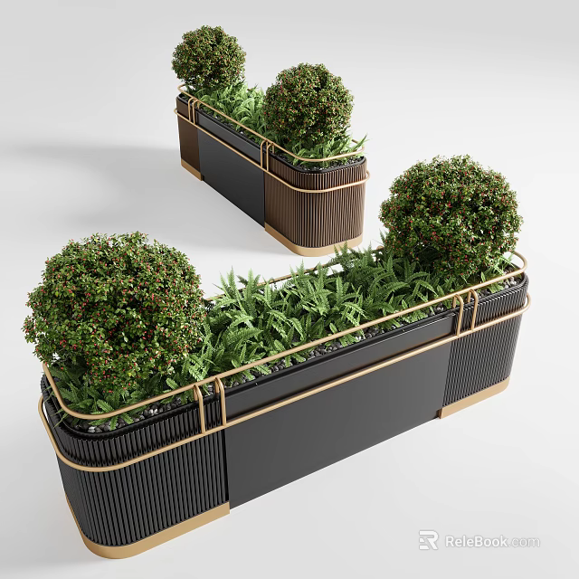 Bonsai Potted Plants in Black Brown Planters with Golden Borders Featuring Round Shrubs and Greenery 3d model 