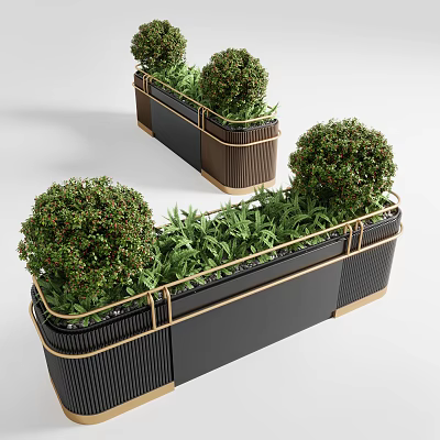 Bonsai Potted Plants in Black Brown Planters with Golden Borders Featuring Round Shrubs and Greenery 3d model