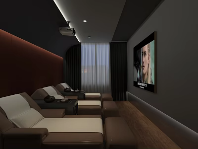 SPA Sauna Interior With Recliners White Cushions Large Screen TV Dark Curtains And Wooden Flooring 3d model