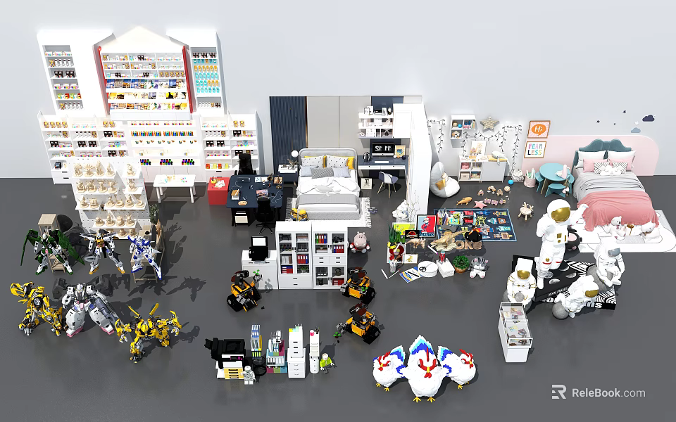 Dolls Display Featuring Various Toy Models And Shelves In Store Collection Area 3d model 