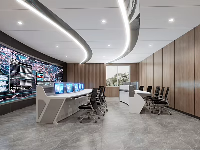 Modern Control Room with Large Monitoring Screens Data Charts Computer Monitors Wooden Walls and Desks 3d model