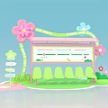 Spring Park Rest Area With Pink Shelter Green Benches And Flower Decorations