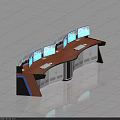 Modern Monitoring Room Curved Control Console With Multiple Screens Wooden Countertop And Blue Lights