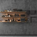 Stylish Bathroom Accessories Display On Wooden Shelves With Towels Toiletries Against Gray Wall