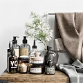 Essential Bathroom Accessories on Wooden Shelf with Towels Bottles Brushes and Wicker Basket