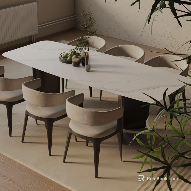 Modern Marble Dining Table Set With Beige Upholstered Chairs And Potted Plant 3d model 