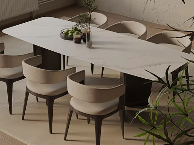 Modern Marble Dining Table Set With Beige Upholstered Chairs And Potted Plant 3d model