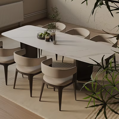 Modern Marble Dining Table Set With Beige Upholstered Chairs And Potted Plant 3d model