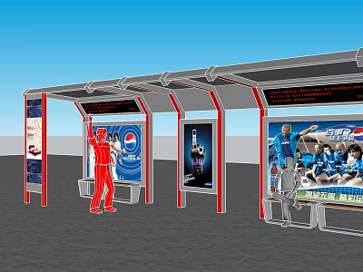 Bus Station Shelter With Advertising Billboards Seats And Waiting Passengers 3d model