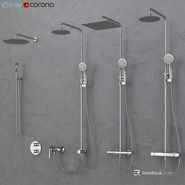 Shower Faucets in Different Styles with Handheld Overhead Showers on Gray Wall and Control Knobs 3d model