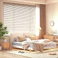 Green Upholstered Headboard Double Bed with Wooden Blinds Brown Curtains Bedside Table and Floor Lamp