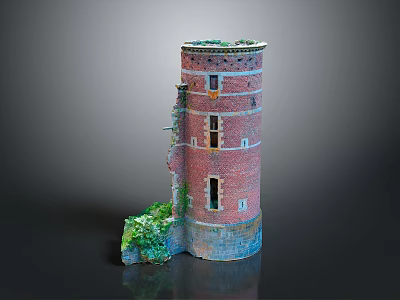 Ruined Red Brick Tower With Partial Wall Collapse And Green Plants At Base 3d model