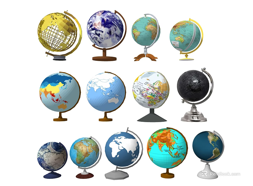 Assorted Globe Decorative Ornament Set With Various Colors Sizes And Stands 3d model 