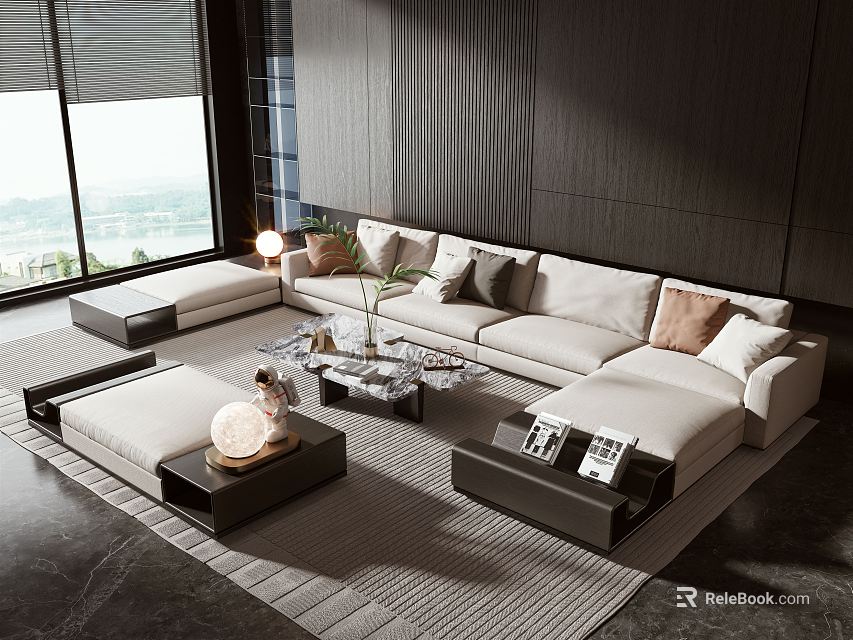 Modern Living Room Beige L shaped Sofa with Glass Top Coffee Table and Decorative Pillows 3d model 