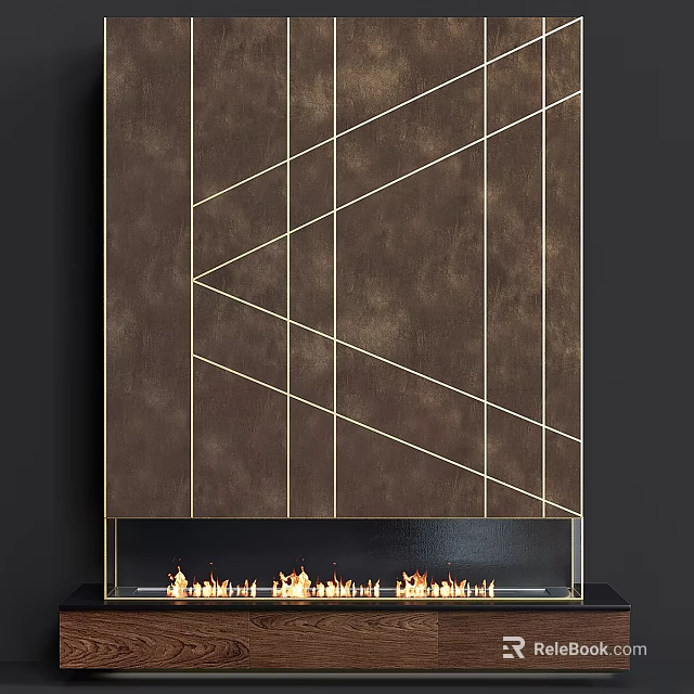 Modern Fireplace With Geometric Gold Lines On Brown Surface And Burning Flames At Bottom 3d model 