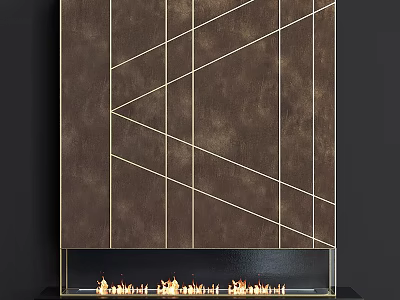 Modern Fireplace With Geometric Gold Lines On Brown Surface And Burning Flames At Bottom 3d model