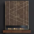 Modern Fireplace With Geometric Gold Lines On Brown Surface And Burning Flames At Bottom