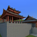 Traditional Chinese Ancient Architecture With Classic Curved Roof Red Pillars Stone Steps And Green Hills