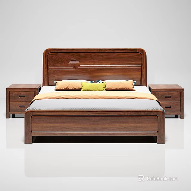 Modern Double Bed With Wooden Headboard Bedside Tables And Colorful Pillows 3d model 