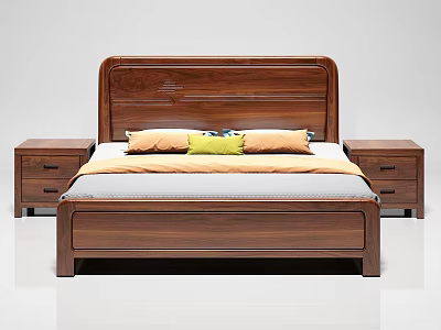 Modern Double Bed With Wooden Headboard Bedside Tables And Colorful Pillows 3d model