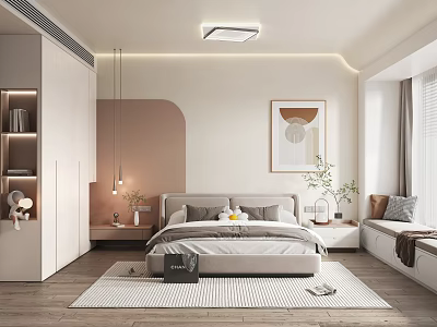 Modern Bedroom Interior Design With Bed Nightstands Pendant Lights Decorative Painting And Window Bench Rug 3d model