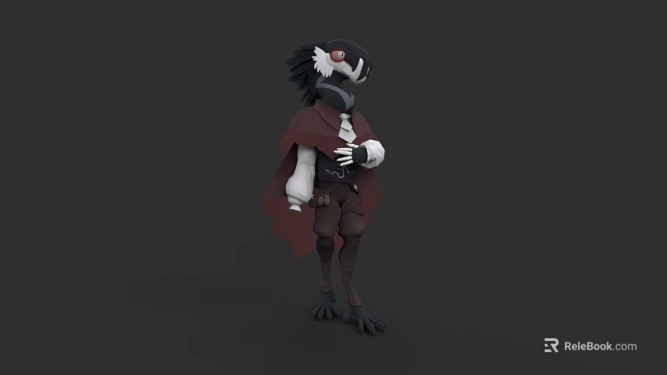 Anthropomorphic Flying Animal Character With Black Feathers Red Cloak And White Arms 3d model 