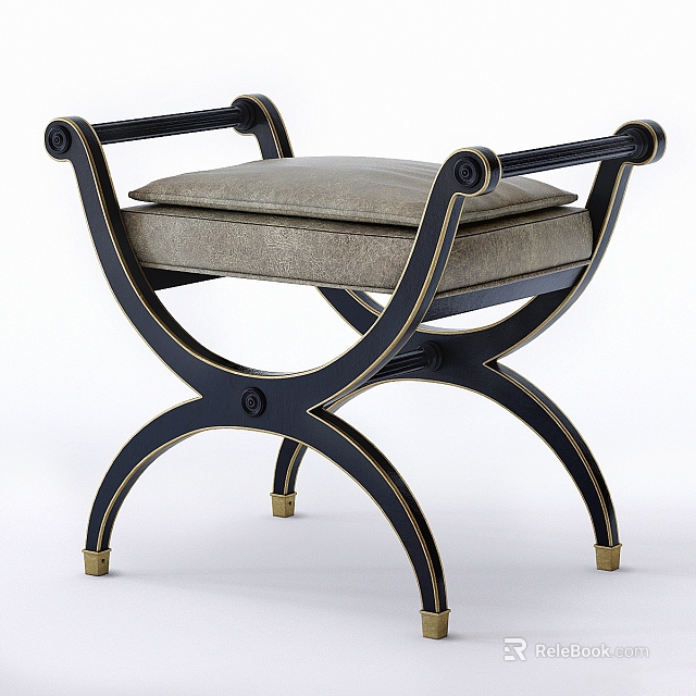 Stylish Stool With Black Frame Gold Trim Gray Padded Seat Curved Armrests Crossed Legs Design 3d model 