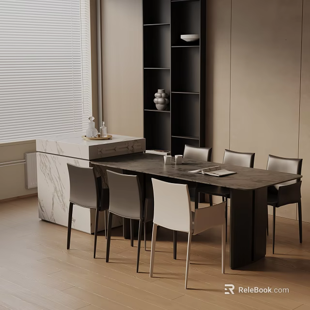 Modern Dining Table Set With Marble Top Gray White Chairs Black Shelf And Decorative Items 3d model 