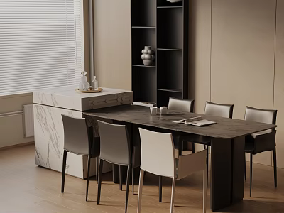 Modern Dining Table Set With Marble Top Gray White Chairs Black Shelf And Decorative Items 3d model