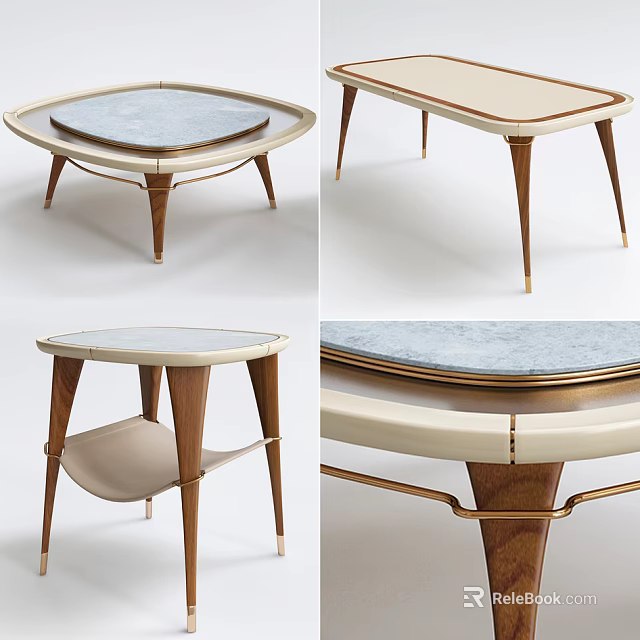 Modern Circular Dining Table With Wooden Legs Marble Top And Brass Trim 3d model 
