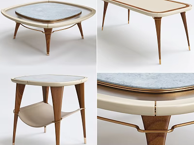Modern Circular Dining Table With Wooden Legs Marble Top And Brass Trim 3d model