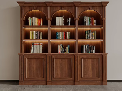 Elegant Solid Wood Bookcase With Arched Top Shelves And Interior Lighting Filled With Books 3d model