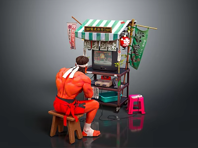 Shirtless Man With White Headband Playing Arcade Game At Traditional Japanese Stall 3d model