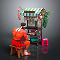 Shirtless Man With White Headband Playing Arcade Game At Traditional Japanese Stall