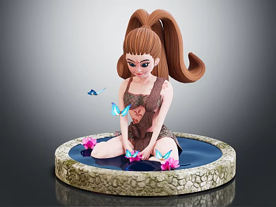 Girl with ponytail sitting on circular stone platform surrounded by blue butterflies and pink flowers 3d model