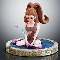 Girl with ponytail sitting on circular stone platform surrounded by blue butterflies and pink flowers