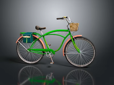 Green Vintage Bicycle With Woven Handlebar Basket And Rear Storage Bag 3d model