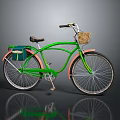 Green Vintage Bicycle With Woven Handlebar Basket And Rear Storage Bag