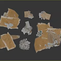 Scattered Broken Fragments of Orange and White Materials with Small Metallic Debris